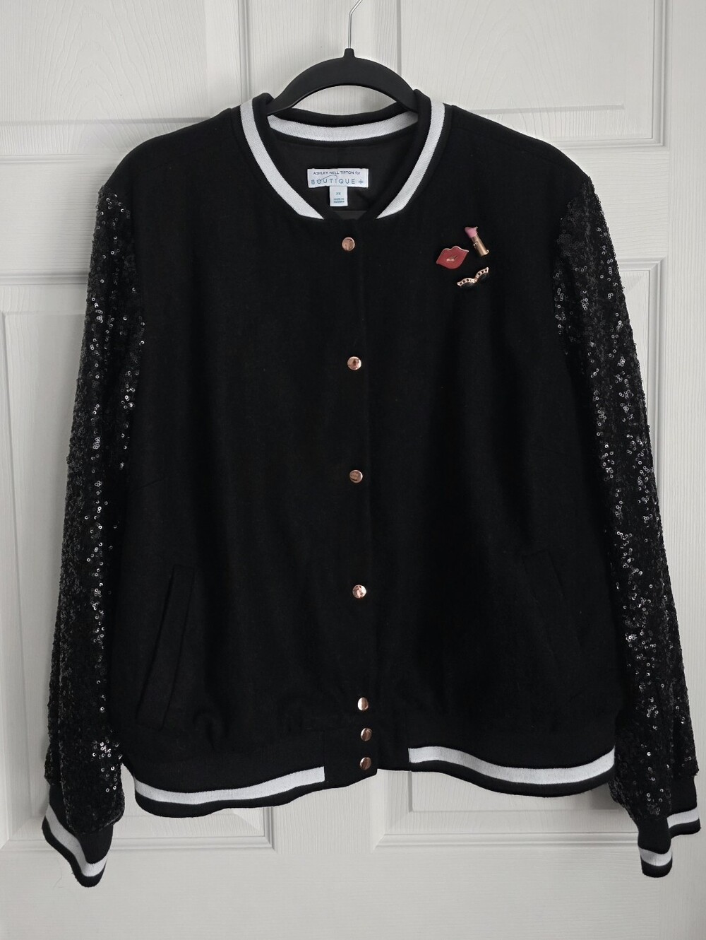 Ashley Nell Tipton Sequin Sleeve Varsity Jacket Black Bomber Size 2X